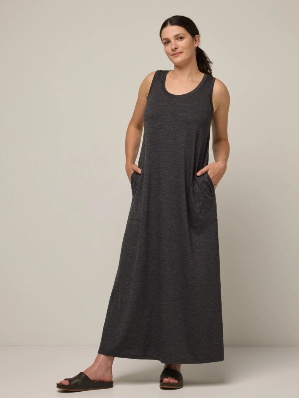 Wool& Audrey Wool Tencel Maxi Tank Dress in Dark Charcoal w/Pockets Size M